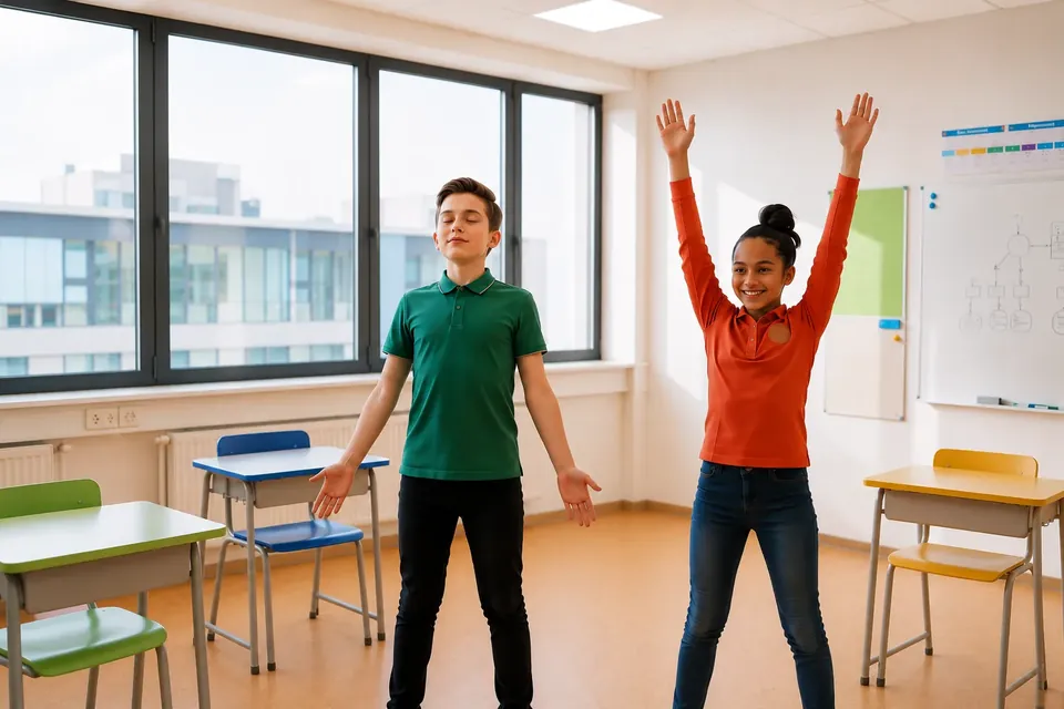 Students stretching together during a classroom wellness practice